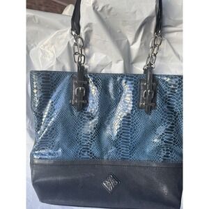 Vera Wang Blue and Black Snake Patterned Tote Bag Handbag Purse Zip Closure